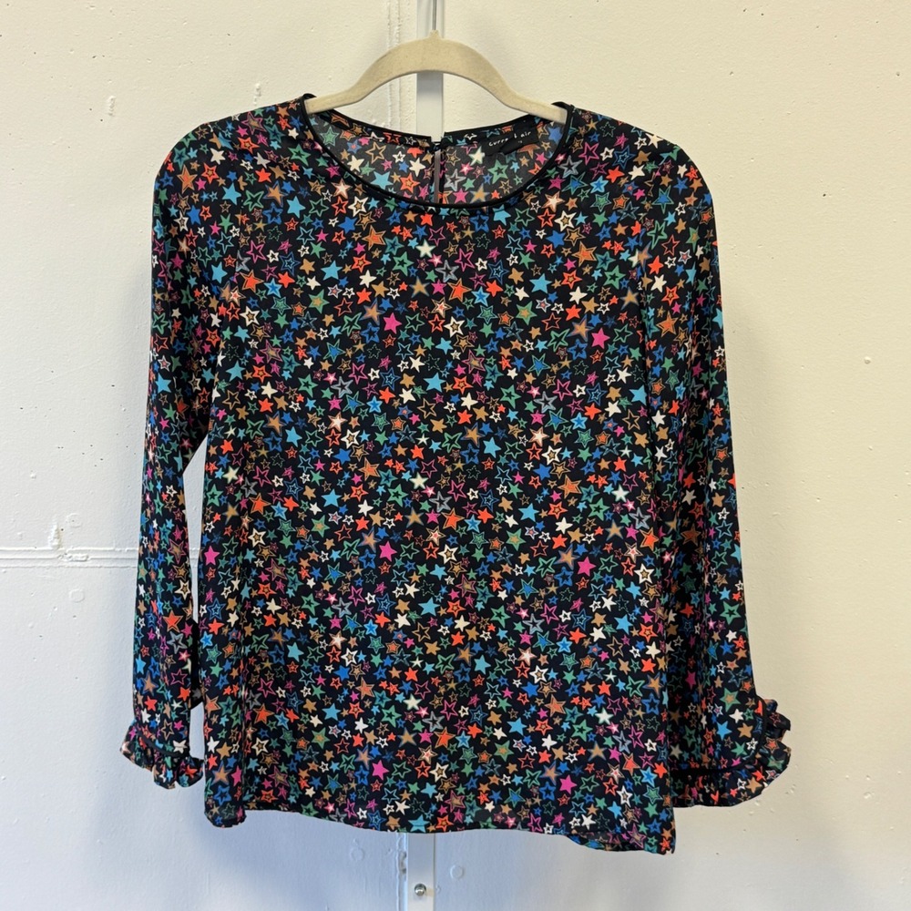 Current Air Los Angeles Multi Color Star Print Ruffle Cuff Blouse XS Black